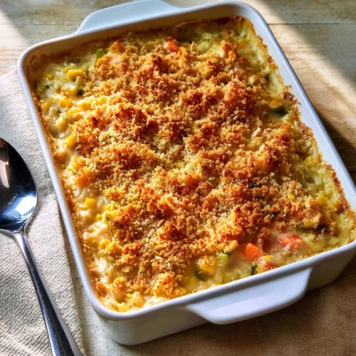 Creamy chicken and rice casserole dish ready to serve