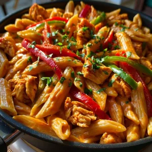 Creamy chicken fajita pasta dish garnished with bell peppers and herbs.