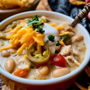 Bowl of creamy healthy white chicken chili garnished with cilantro