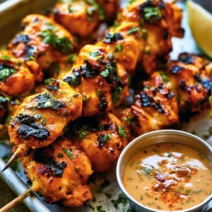 Creamy sauce drizzled over chicken skewers on a serving platter