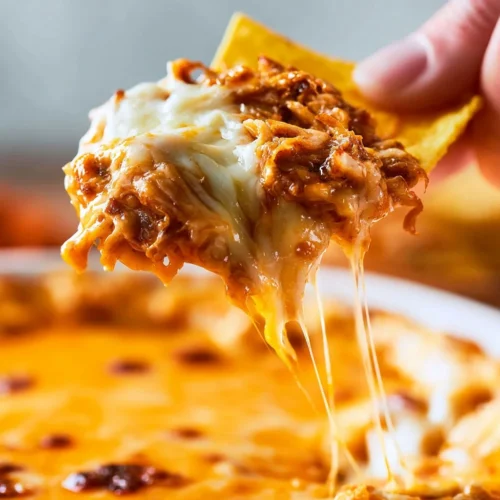 Crockpot Buffalo Chicken Dip in a serving bowl with chips