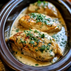 Delicious Crockpot Creamy Garlic Parmesan Chicken served with herbs