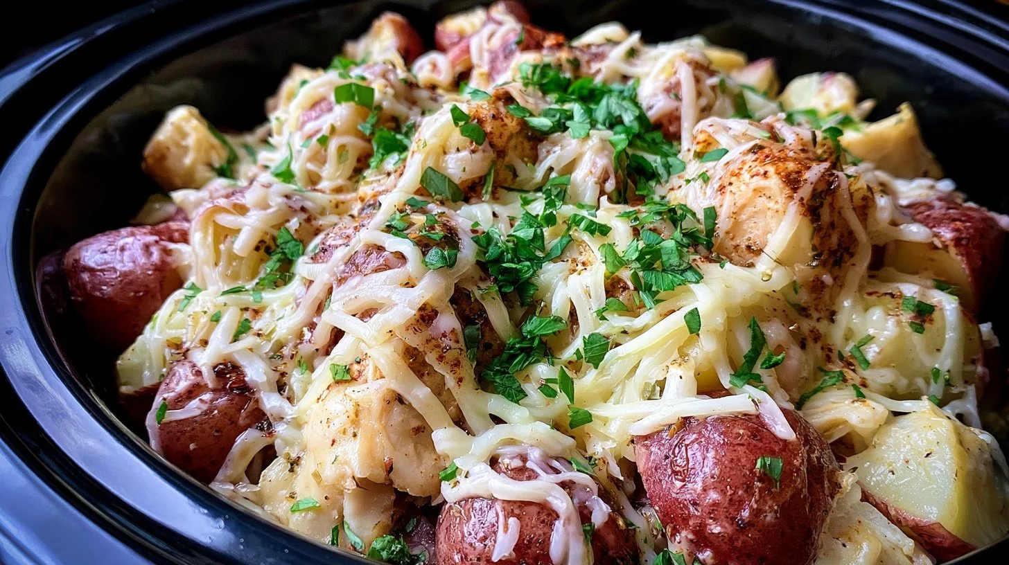 Crockpot Garlic Parmesan Chicken with Potatoes and Cheese