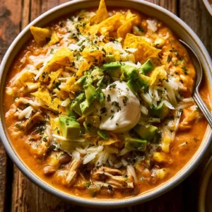 Healthy Crockpot White Chicken Chili with spices and toppings