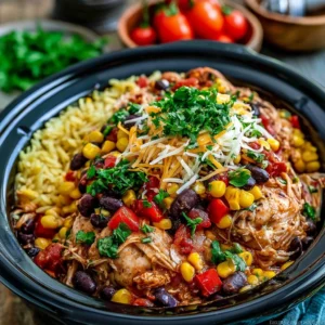 Delicious Crockpot Santa Fe Chicken recipe with vibrant spices and ingredients.