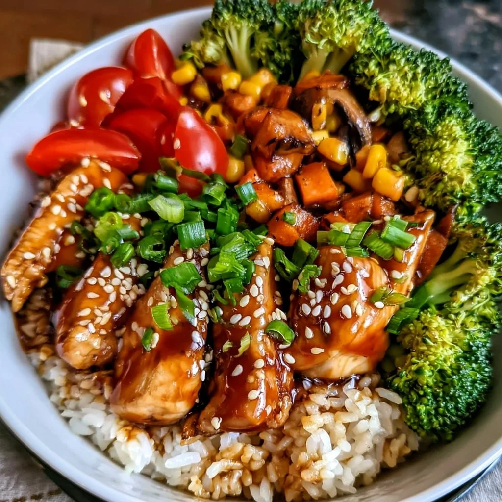Delicious sticky chicken rice bowl with tender chicken and savory rice.