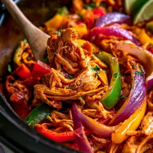 Delicious crockpot chicken fajitas served with peppers and onions