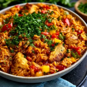 Delicious one pot chicken and rice dish garnished with herbs