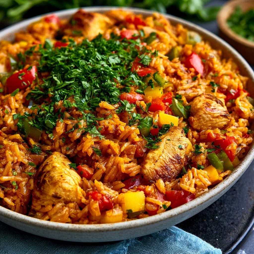 Delicious one pot chicken and rice dish garnished with herbs