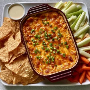 Delicious easy Buffalo Chicken Dip served in a bowl with chips