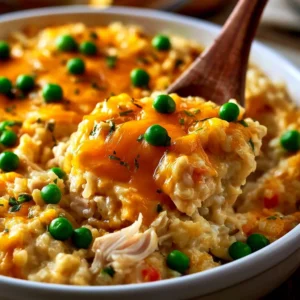 Easy chicken rice casserole baked with tender pieces of chicken and fluffy rice