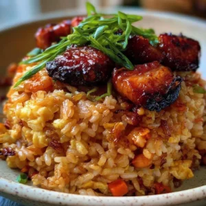 Delicious plate of easy chicken fried rice topped with green onions
