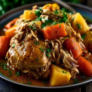 Delicious easy crockpot chicken pot roast served on a plate with vegetables