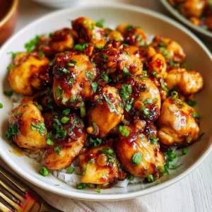 Easy honey garlic chicken dish served on a plate with garnish