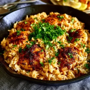 Easy one-pan chicken and rice meal prepared in a skillet