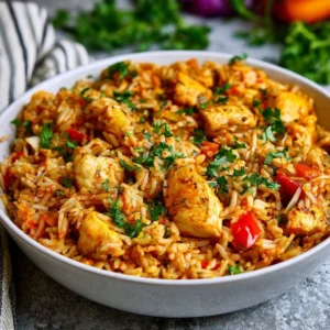 Delicious easy one pot chicken and rice dish served in a colorful bowl