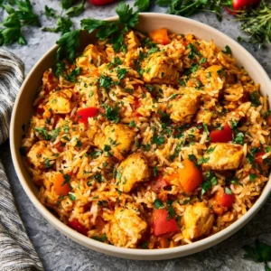 Delicious easy one pot chicken and rice recipe served in a bowl