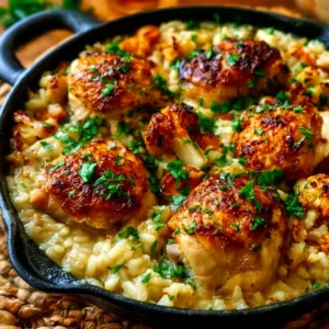 Easy one pot chicken and rice dish garnished with herbs