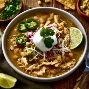Bowl of easy slow cooker white chicken chili topped with cilantro and cheese