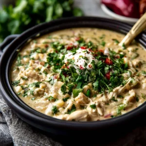 Delicious bowl of easy white chicken chili topped with cilantro and lime.