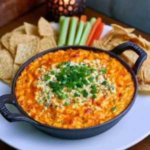 Extra cheesy Franks Buffalo Chicken Dip served in a bowl with chips