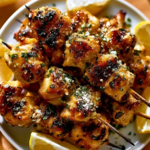 Delicious Garlic Parmesan Chicken Skewers on a grill platter
