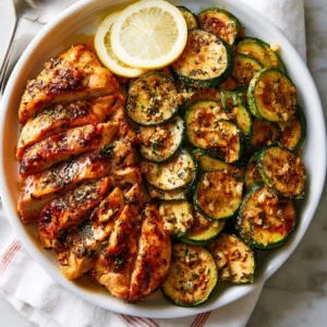 Grilled chicken served with sautéed lemon zucchini on a plate