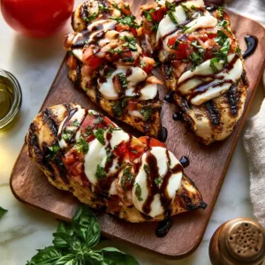 Grilled Chicken Caprese with mozzarella, tomatoes, and fresh basil on a plate