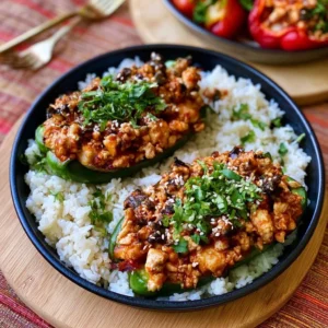 Ground chicken chiles rellenos served on a plate