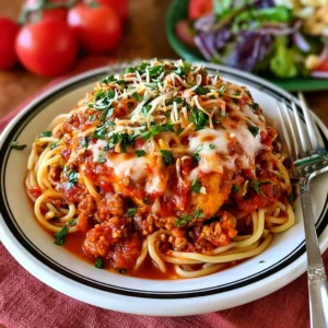 Plate of Ground Chicken Parmesan served over spaghetti with marinara sauce.