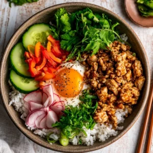 Ground Chicken Rice Bowl served with fresh vegetables and spices