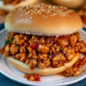 Delicious ground chicken sloppy joes served on a bun with toppings