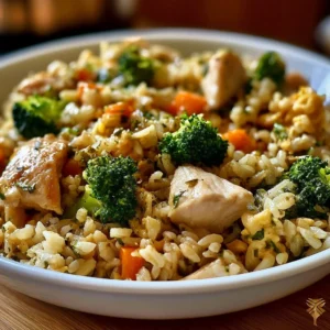 Healthy chicken rice casserole served in a dish with colorful vegetables