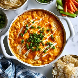 Healthy Greek Yogurt Buffalo Chicken Dip served in a bowl with tortilla chips