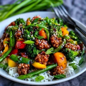 Healthy ground chicken teriyaki stir fry served with vegetables