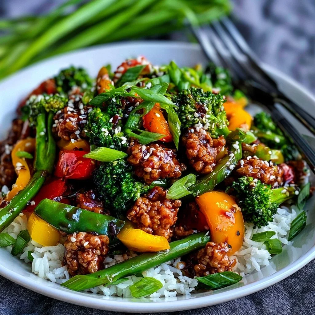 Healthy ground chicken teriyaki stir fry served with vegetables