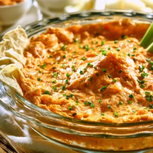 Healthy high-protein buffalo chicken dip served in a bowl with vegetables