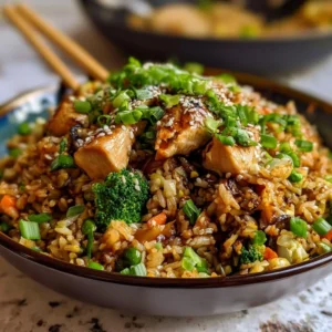 Homemade teriyaki chicken fried rice in a bowl, garnished with green onions.