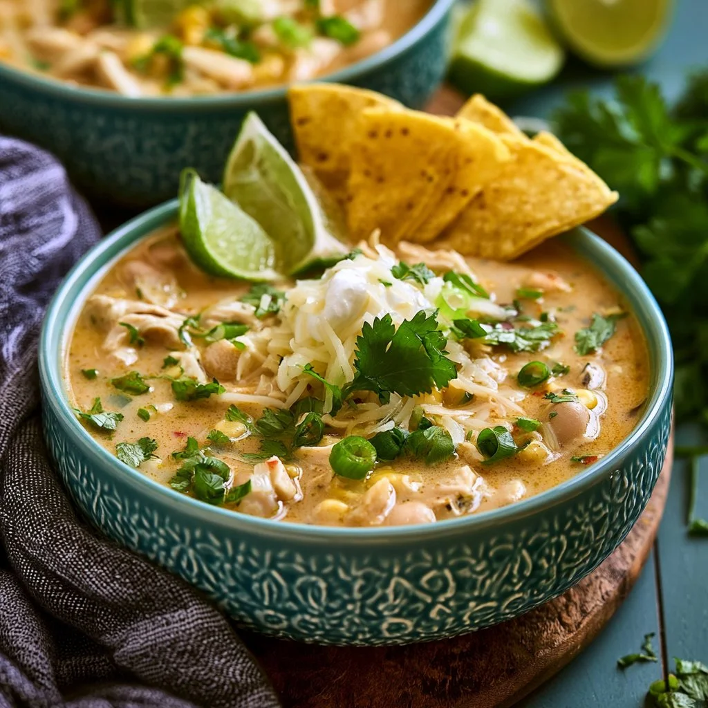 Bowl of homemade white chicken chili topped with cilantro and cheese