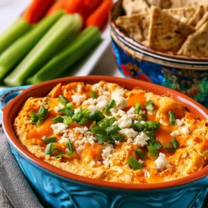 Creamy Instant Pot Buffalo Chicken Dip served with tortilla chips