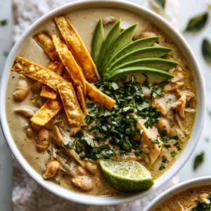 Bowl of Instant Pot white chicken chili garnished with cilantro and cheese