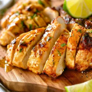 Delicious honey lime chicken garnished with lime and herbs on a plate