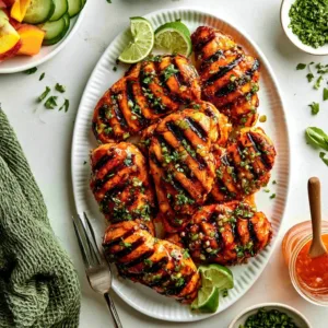 Delicious honey lime chicken garnished with fresh lime and herbs.