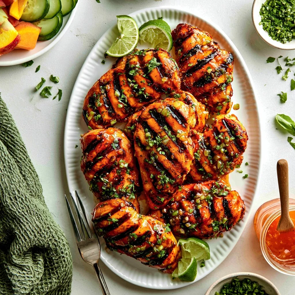 Delicious honey lime chicken garnished with fresh lime and herbs.