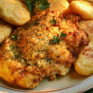 Juicy garlic parmesan chicken garnished with parsley on a plate