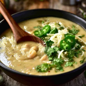 Bowl of creamy Mexican white chicken chili garnished with cilantro and lime