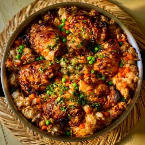 One Pot Chicken and Rice dish served in a skillet with herbs and spices.