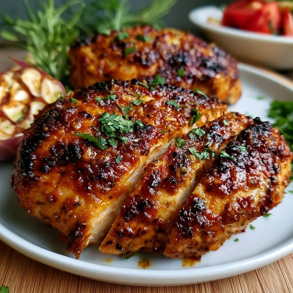 Oven baked chicken breast served with vegetables on a plate