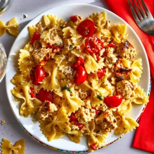 Delicious quick chicken breast pasta served with fresh herbs and cheese