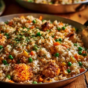 One pot chicken and rice dish served in a bowl with vegetables and herbs